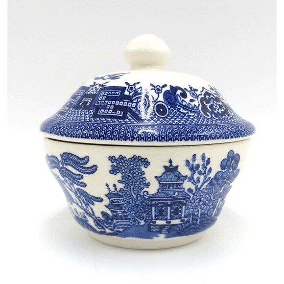 Churchill Blue Willow Creamer and Sugar Bowl with Lid-England-Vintage - Picture 4 of 10